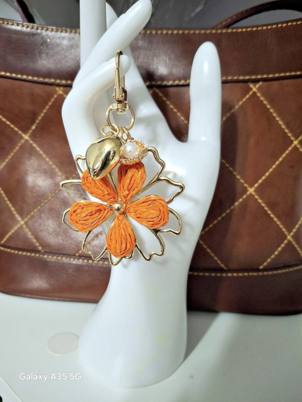 Orange Boho Floral Bag Charm In Gold New